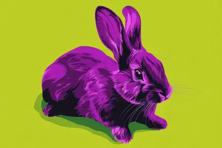 Яркая и насыщенная иллюстрация игривого фиолетового кролика, отдыхающего на зеленом фоне, идеально подходит для дизайнов, посвященных животным, природе и творчеству