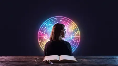 Женщина изучает светящуюся астрологическую карту, лежащую на столе рядом с блокнотом и маятником, в яркой космической цветовой гамме
