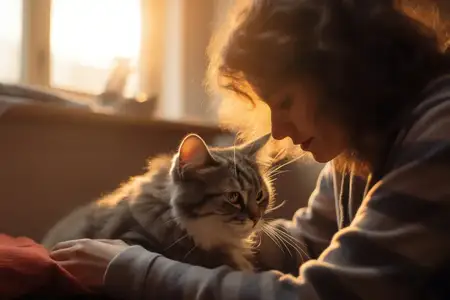 Породистый пушистый котенок: милая женщина обнимает очаровательного котенка на уютном диване с серым фоном
