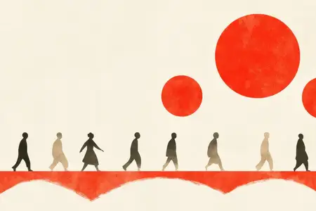 Уникальная абстрактная иллюстрация, показывающая эволюцию человеческих фигур, идущих по минималистичному пейзажу