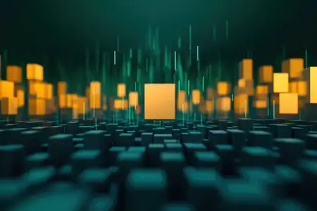 Этот яркий абстрактный 3D-дизайн изображает светящиеся кубы в технологическом окружении с динамическими световыми эффектами, вызывающими ощущение инноваций и современности