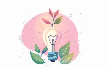 Красочная лампочка с зелеными листьями, олицетворяющая инновации и экологичность, на пастельно-розовом фоне