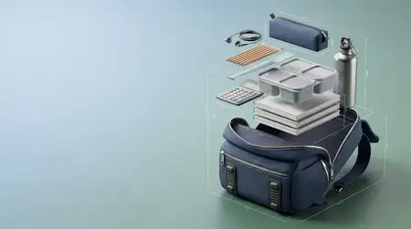Реалистичный 3D-баннер для образования с изображением открытого рюкзака и организованных школьных принадлежностей в технических разнесенных слоях, с чистым свободным пространством слева для текста