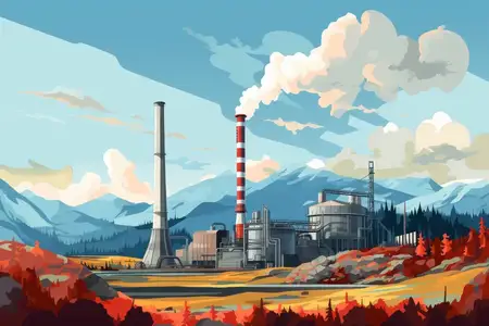 Иллюстрация на тему промышленности и экологии: на фоне заводских труб и дыма изображены химические и нефтеперерабатывающие объекты