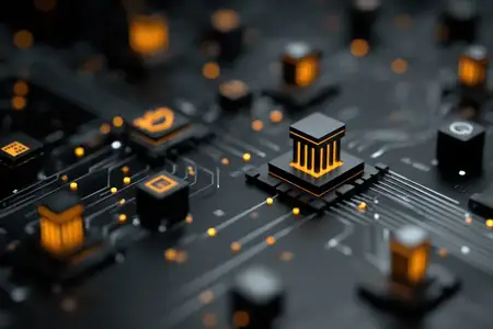 Индустриальное, высокотехнологичное настроение с точной геометрией и мягкими отражениями, подходящее для тем инноваций, обработки данных и цифровых сетей в современной электронике