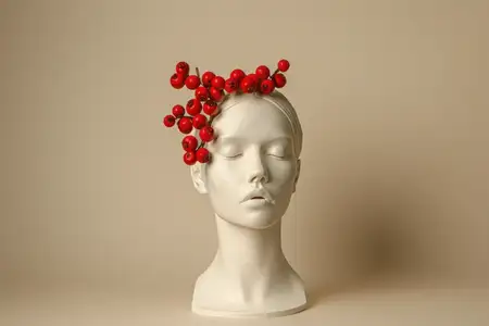 Голова манекена, украшенная вишнями, с реалистичным 3D-рендерингом