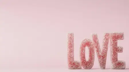 Игривые и красочные буквы, составляющие слово LOVE, сделанные из розовых конфет на светлом пастельном фоне