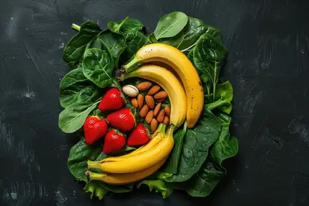 Яркая композиция из бананов, клубники и миндаля на темной листовой зелени на фактурном темном фоне