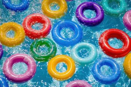 Яркая сцена с разноцветными надувными матрасами в ярко-голубой воде, символизирующая летнюю радость и отдых
