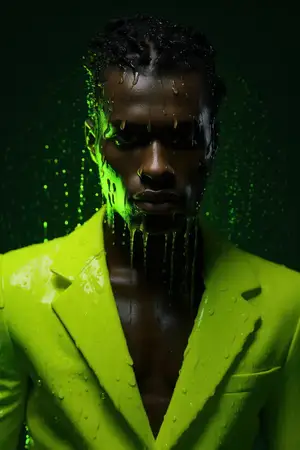 Темная элегантность: крупный план красивого мужчины-кавказца в стильном костюме с серьезным выражением лица в студии с неоновыми огнями