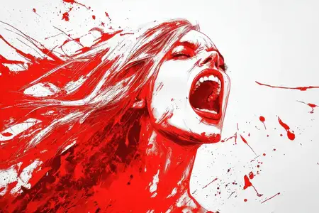 Эмоциональное произведение искусства, изображающее женщину с развевающимися волосами, страстно кричащую на фоне взрыва красной краски, иллюстрирующее чистые эмоции и силу