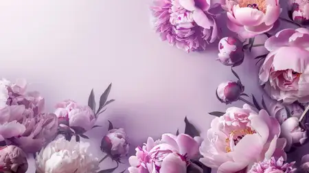 Красивые пионы на фиолетовом фоне с местом для текста и дизайна, флористическая композиция для открыток и плакатов