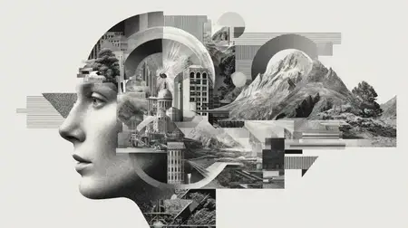 Атмосферная композиция сочетает искусство и науку, приглашая к размышлению о разуме, дизайне, восприятии и исследовании через многослойные образы и сбалансированный визуальный ритм
