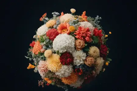 Потрясающая сферическая цветочная композиция из красочных георгинов, хризантем и сезонных цветов на темном фоне, передающая суть красоты природы