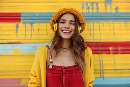 Веселая модная женщина наслаждается музыкой на открытом воздухе в городе, в стильной шляпе и с летним настроением