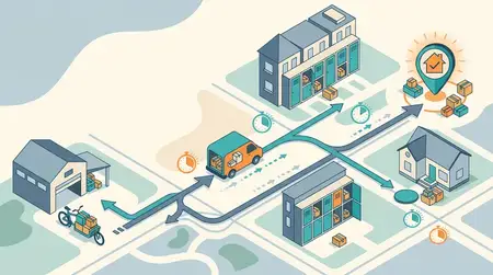 Инфографический баннер без текста, показывающий фургон, грузовой велосипед, посылки, шкафчики и маршрутные стрелки на упрощенной схеме сети доставки в районе