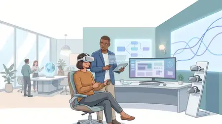 Корпоративная иллюстрация: люди в VR-шлемах в светлой демонстрационной комнате офиса с устройствами и деталями совместной работы