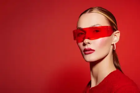 Модная женщина в красных солнцезащитных очках и красной одежде стоит перед красным фоном