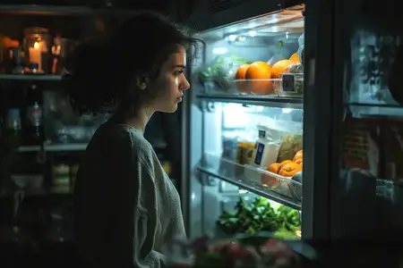 Отражение в холодильнике: молодая женщина европейской внешности одна глубокой ночью ищет полезные закуски внутри темной кухни