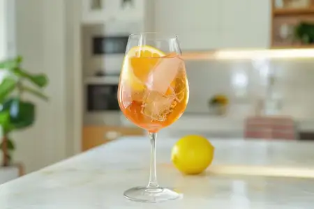 Яркий напиток с ломтиками лимона и льдом на светлом кухонном фоне, создающий свежую и привлекательную атмосферу