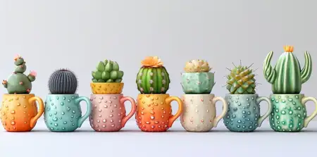 Цветные керамические кружки с кактусами на белом фоне
