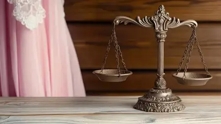 Старинные весы, расположенные на деревянном столе рядом с нежным розовым платьем, олицетворяющие баланс и гармонию