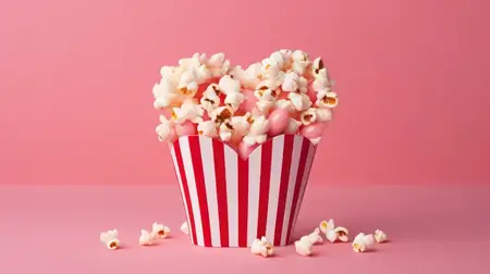 Соленый попкорн: классическое вкусное угощение для кинотеатра на свежем фоне красно-белой полосатой бумажной коробки