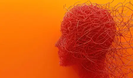 Скульптура женской головы со словами "mind" и "mindfulness" на оранжевом фоне