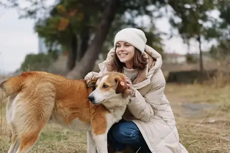 Собака и женщина в парке на открытом воздухе: празднование companionship и спокойной радости с пушистым другом