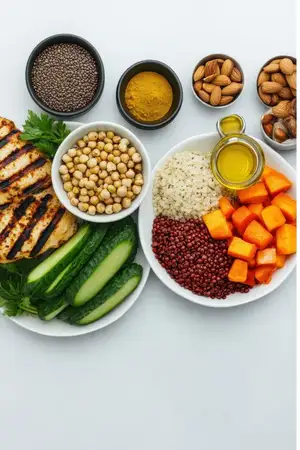 Студийная flatlay-композиция с разнообразием зерновых, бобовых, зелени и орехов; яркое, привлекательное настроение, идеально подходящее для здорового питания, планирования еды, веганской кухни и…