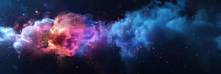 Потрясающая абстрактная космическая сцена с красочными туманностями, подсвеченными мерцающими частицами, на насыщенном темном фоне, усиливающем небесную атмосферу