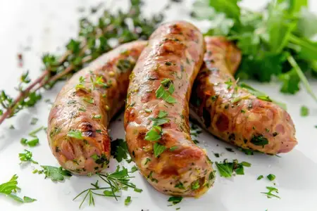 Сочные жареные колбаски, украшенные яркой зеленью, идеально подходят для летнего барбекю или уютного ужина