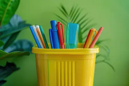 Художественные инструменты: желтый контейнер, наполненный разноцветными карандашами и ручками, на зеленом фоне