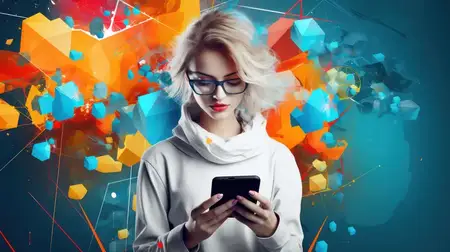 Красивая молодая женщина держит смартфон, наслаждается городским образом жизни и общается онлайн на городской улице