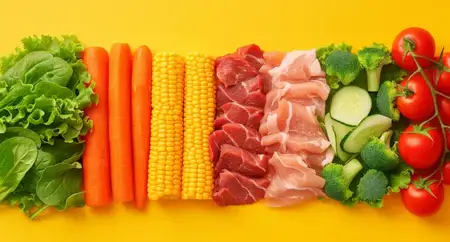 Разнообразные овощи и мясо на жёлтом фоне, вид сверху, плоская композиция с местом для текста