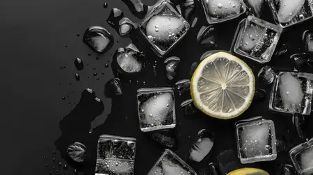 Крупный план кубиков льда и ломтиков лимона на чёрном фоне, с капельками воды, усиливающими ощущение свежести и прохлады