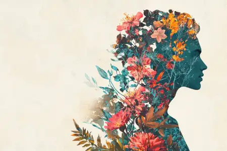 Выразительный профиль женщины, переплетенный с яркими цветами, олицетворяющий связь между человечеством и природой и вызывающий чувства безмятежности и радости