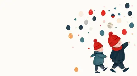 Двое счастливых детей, одетых в теплые зимние шапки и свитера, прогуливаются на фоне восхитительного абстрактного фона, наполненного разноцветными пасхальными яйцами, празднуя радость этого времени…