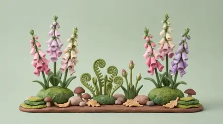 Симметричная, изготовленная вручную из глины 3D-сцена лесного уголка с наперстянкой, мхом, папоротниками, камнями и грибами для ботанической упаковки и садовых промо-акций