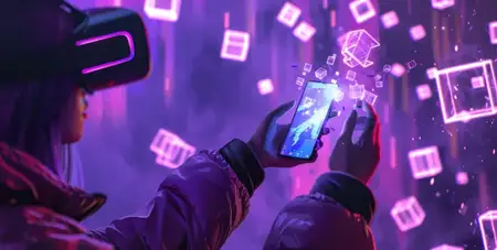 Яркая сцена: человек использует смартфон в гарнитуре виртуальной реальности