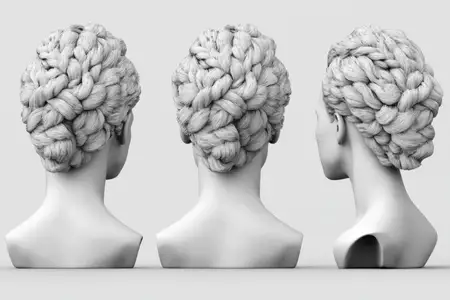 Эта элегантная черно-белая 3D-иллюстрация демонстрирует женскую прическу с косами с трех ракурсов, подчеркивая замысловатые косы, гладкую текстуру и современные идеи причесок