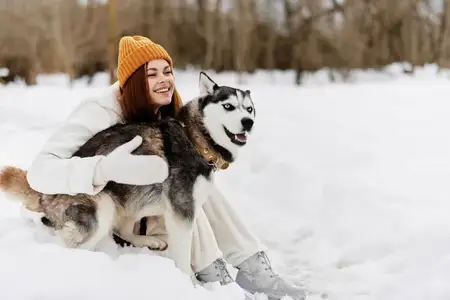 Женщина играет в снегу с собакой, веселье, дружба, зимние каникулы
