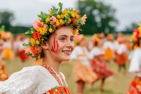 Радостная юная девушка в традиционном праздничном костюме с цветочной короной участвует в культурном празднике на фоне оживленной уличной сцены, заполненной людьми