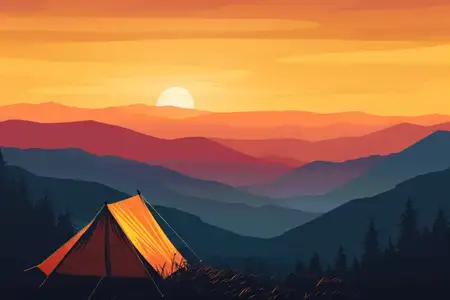 Приключенческий кемпинг на закате среди величественных горных вершин — безмятежное бегство к красоте природы