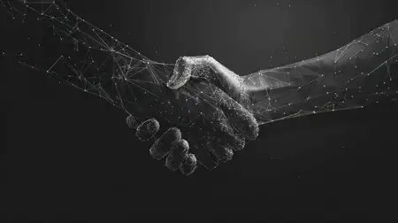 Концептуальное изображение двух пожимающих друг друга рук, символизирующее единство и командную работу, выполненное в геометрическом дизайне