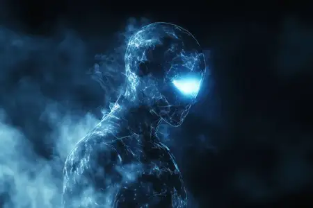 Футуристическая абстрактная фигура гуманоида, подсвеченная синим цветом на темном дымчатом фоне
