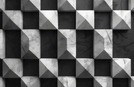 Абстрактные геометрические фигуры на черно-белом текстурированном фоне стены с художественной композицией и современным дизайном