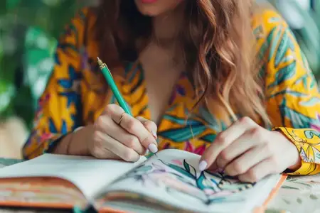 Женщина сидит за столом с книгой и зеленым карандашом в руке, сосредоточенная на чтении и письме