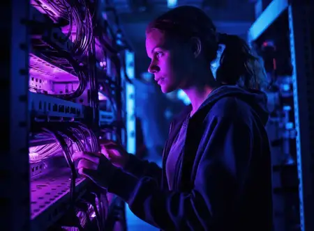 Женщина-техник обслуживает сервер в центре обработки данных