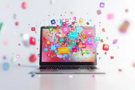 Яркая композиция из различных иконок социальных сетей, появляющихся из ноутбука, символизирует оживленное взаимодействие в цифровом пространстве